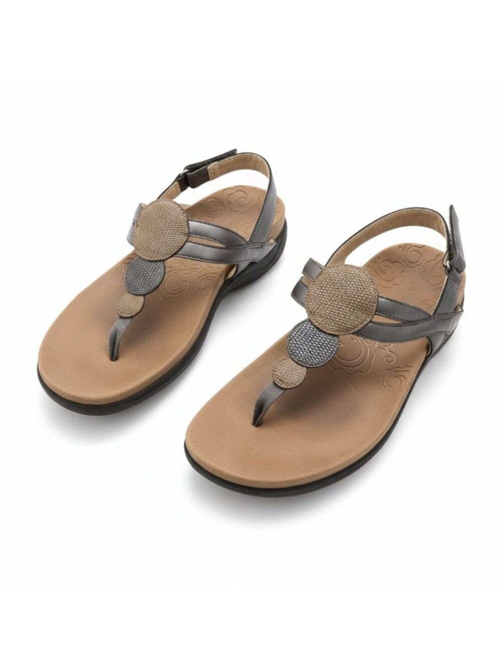 Rockport Women's Sandals | Velcro Strap | Pewter & Gold Circles | 7.5 Excellent